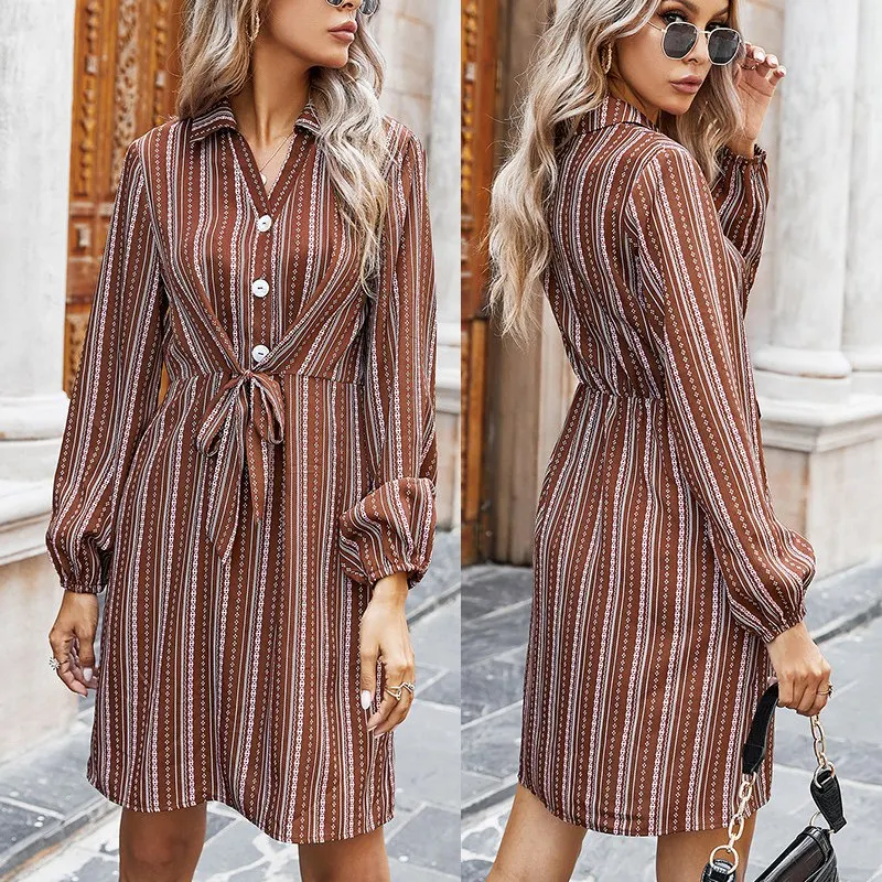 

ASDS-Vintage Striped Mini Dress Women Autumn Bow Tie Long Sleeve Dresses Classic Elegant Office Ladies V Neck Vestidos