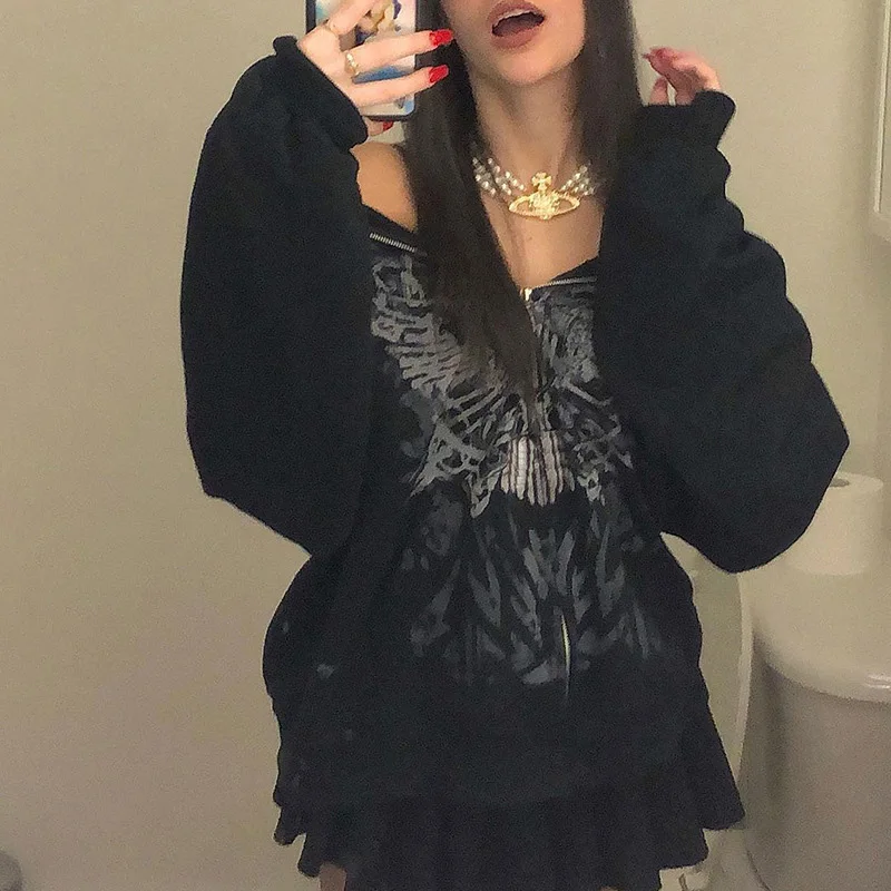 

Y2k Hoodies Women Vintage Graffiti Cotton Hooded Autumn Winter Hooded Lady Japanese Zipper Graffiti Long Sleeve Y2k Clothes 2022