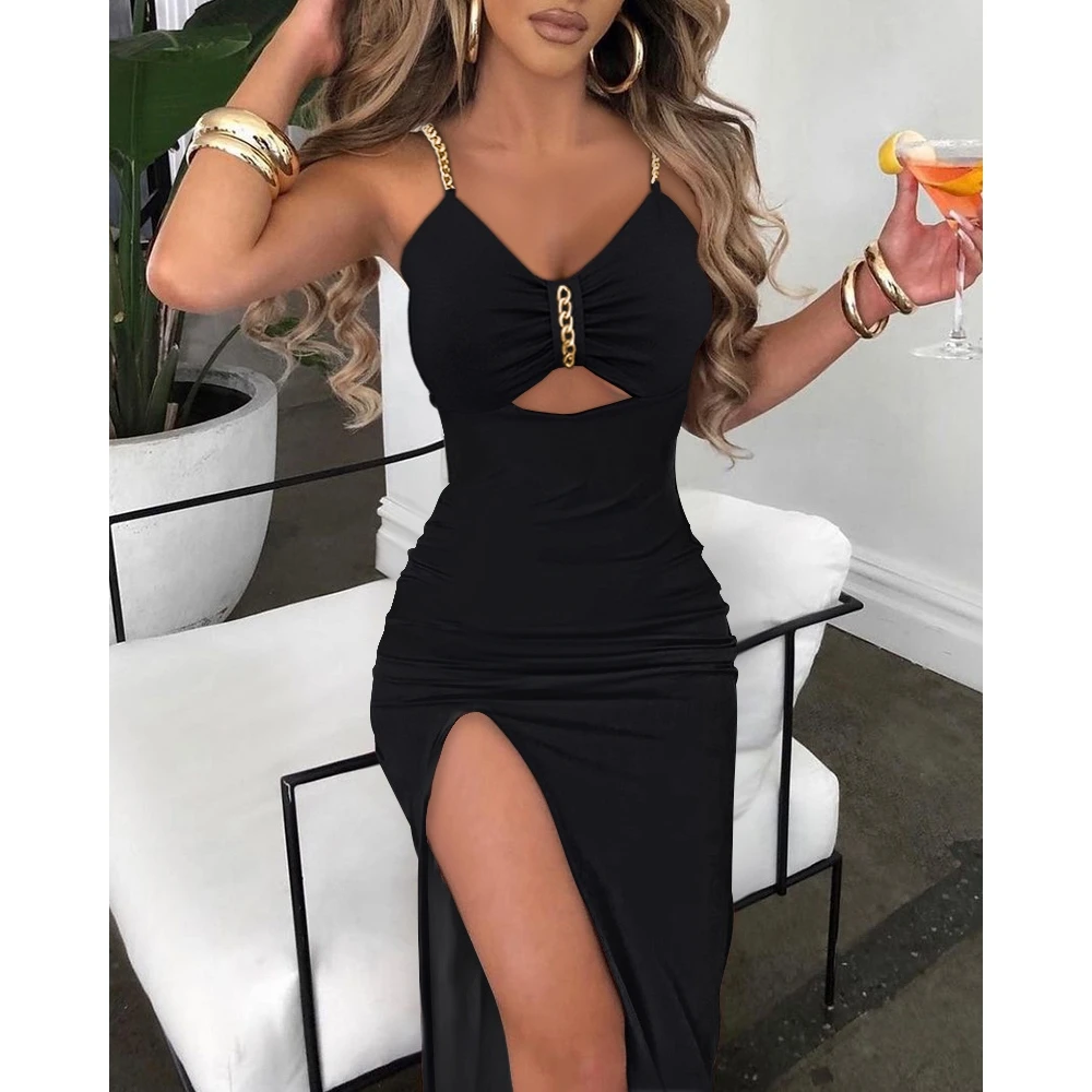 Женское платье с V-образным вырезом без рукавов |