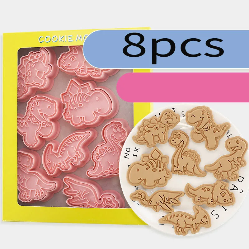 

6/8 Pcs/set Cookie Cutters Plastic 3D Dinosaur Cartoon Pressable Biscuit Mold Cookie Stamp Kitchen Baking Pastry Bakeware