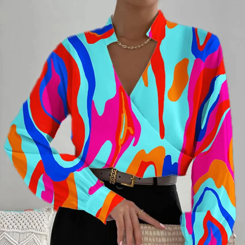 

Fashion Autumn Wrap V-Neck Patchwork Blouses Shirts Women Commute Printed Long Sleeve Tops 2023 Vintage New Office Shirts Blusas
