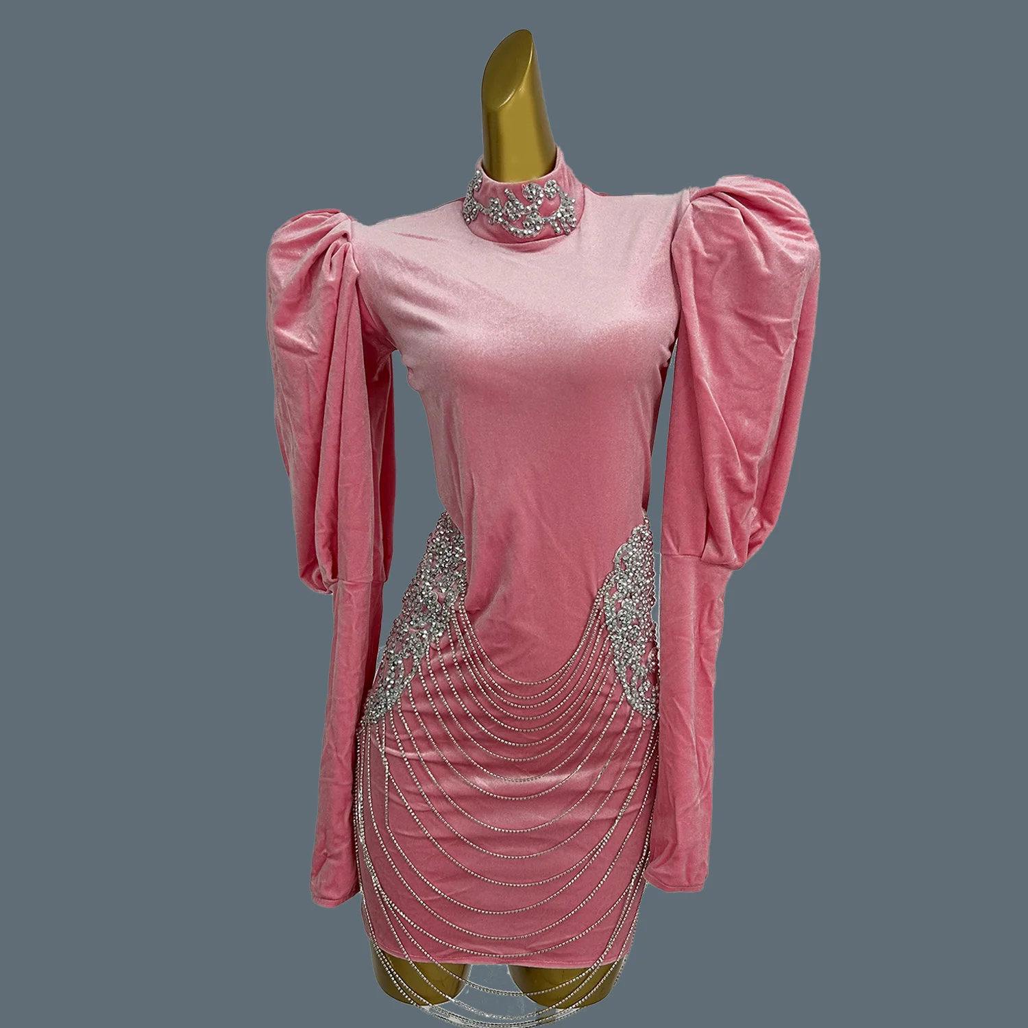 Женское бархатное платье Yuehei элегантное розовое с бахромой и кристаллами