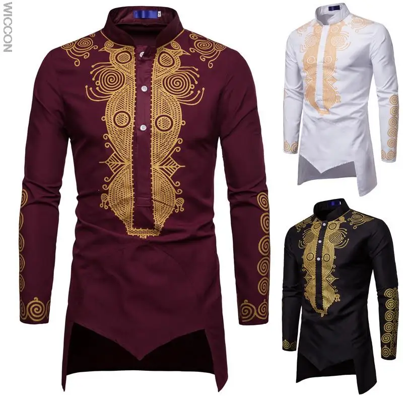 Ramadan  Men's Long Sleeve Shirts Fashion Muslim Straight Mid Length Printed T-Shirts Slim African Clothing Men's Tops