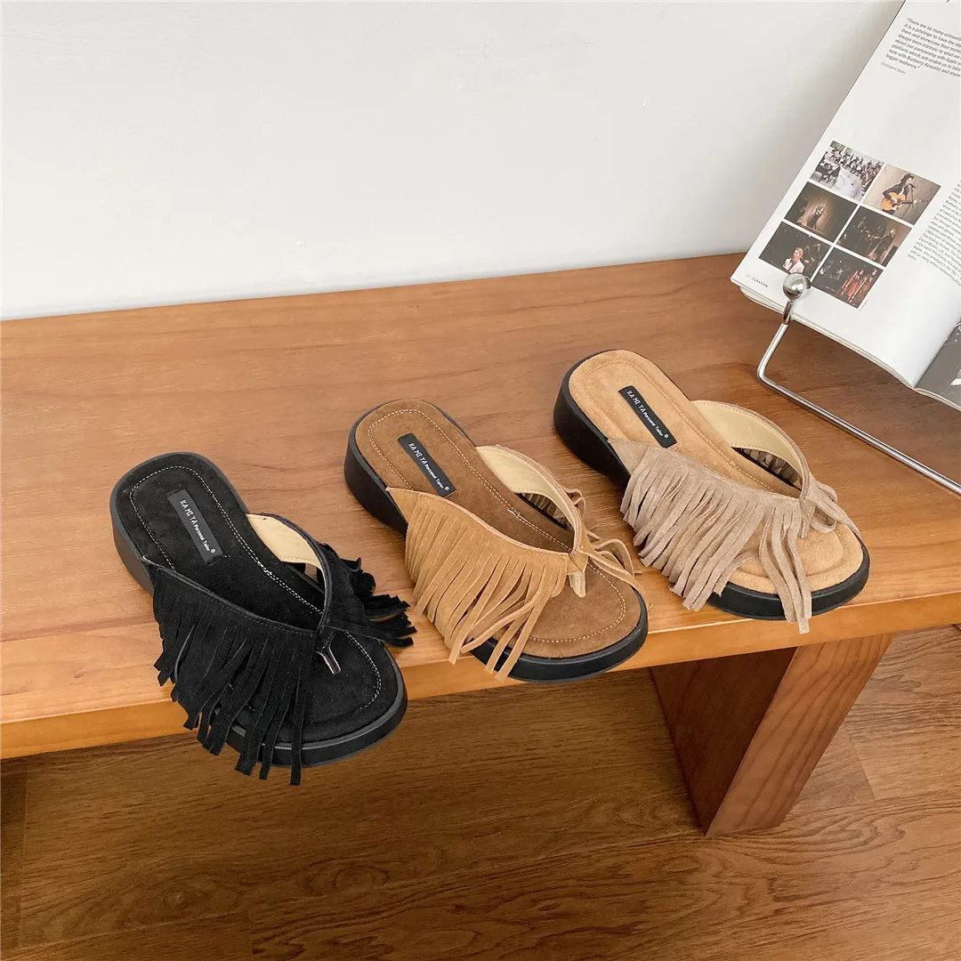 Summer Women Tassel Slippers Thick Soled Shoes Wear Clip on Flip-flops Casual Retro Slippers 2023 New Fashion Sandals Slide