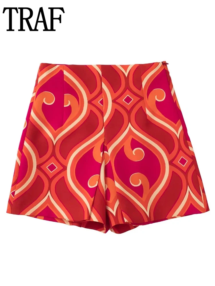 

TRAF 2022 Women's High Waist Shorts Sets Geometric Print Shorts Woman Summer Pleated Baggy Shorts Vintage Casual Beach Short
