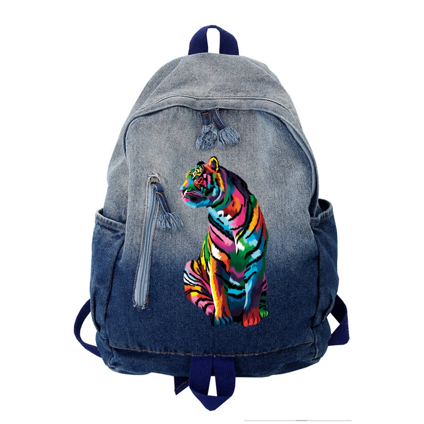 

Fashion Girls Funny Tiger Pattern Printed Denim Backpack Casual Blue School Bags Women Boy's Backpacks Personality Gradient