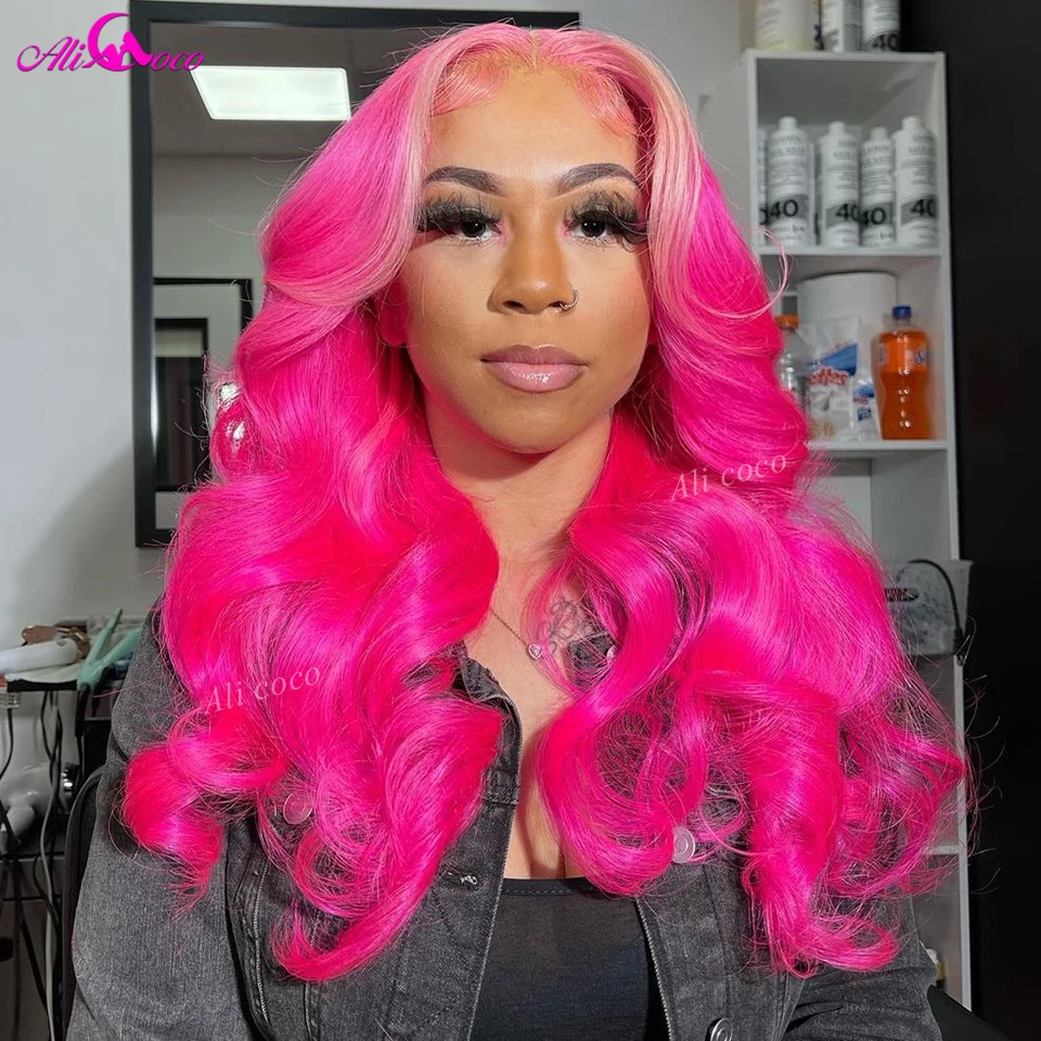 

30 Inch Hot Pink Lace Frontal Wig Preplucked Brazilian Remy Human Hair Transparent 13x4 Lace Front Body Wave Wigs for Women
