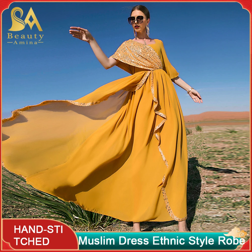 Abaya Robe Orange Sequined Large Swing Skirt Dubai Arab National Style Long Skirt Arab Dress Islamic Holiday Dress Ethnic Style