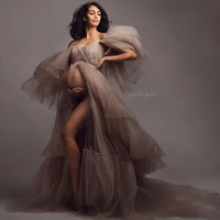 elegant pleated tulle maternity dresses short sleeves high slit women plus size tulle pregnancy gowns custom made