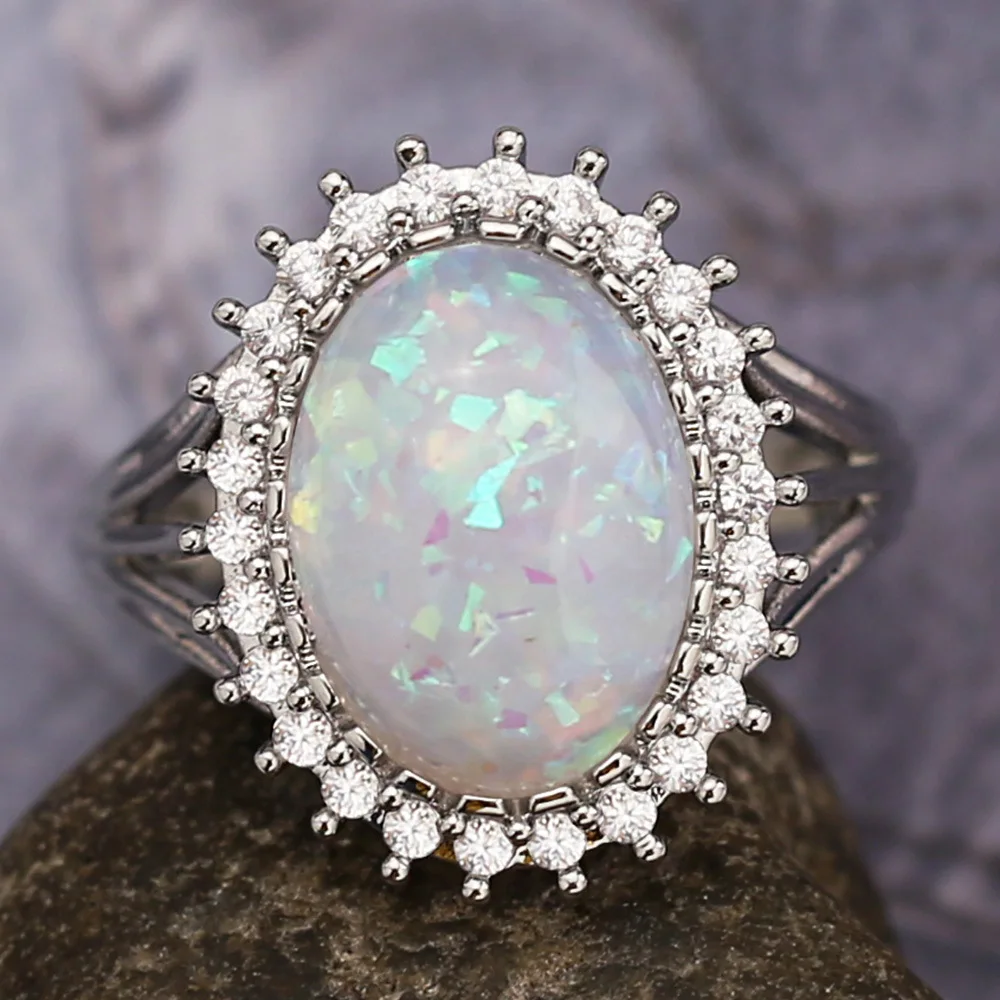 High Quality Oval Fire Opal Rings Women Egg-Shaped Vintage Silver Color CZ Ring for Wedding Engagement Fashion Jewelry Gift