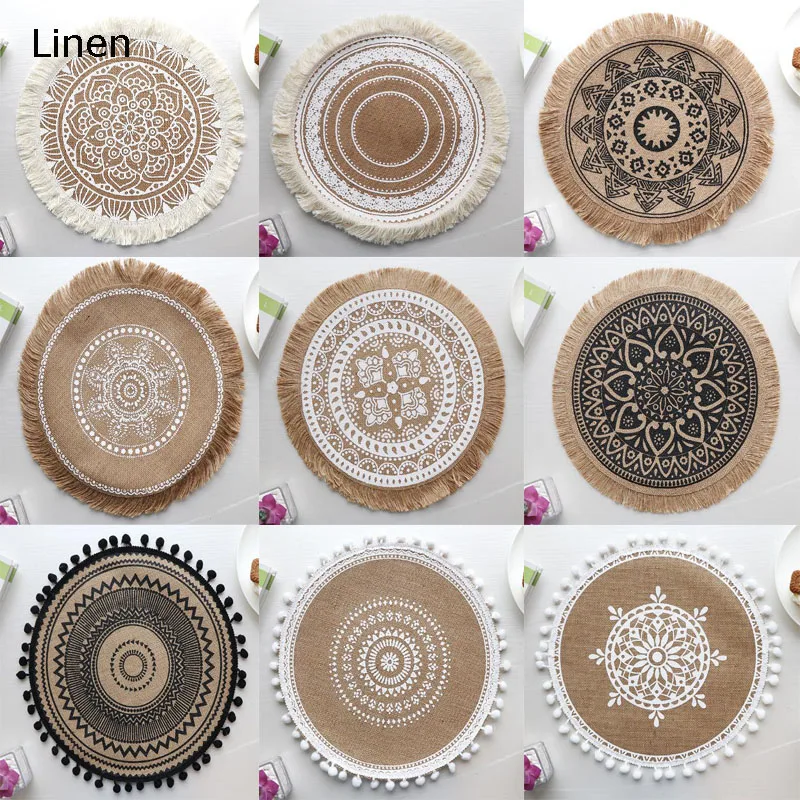 HOT round Natural Jute Burlap tassels Printed table place mat pad Cloth placemat cup waterproof coaster doily kitchen accessory