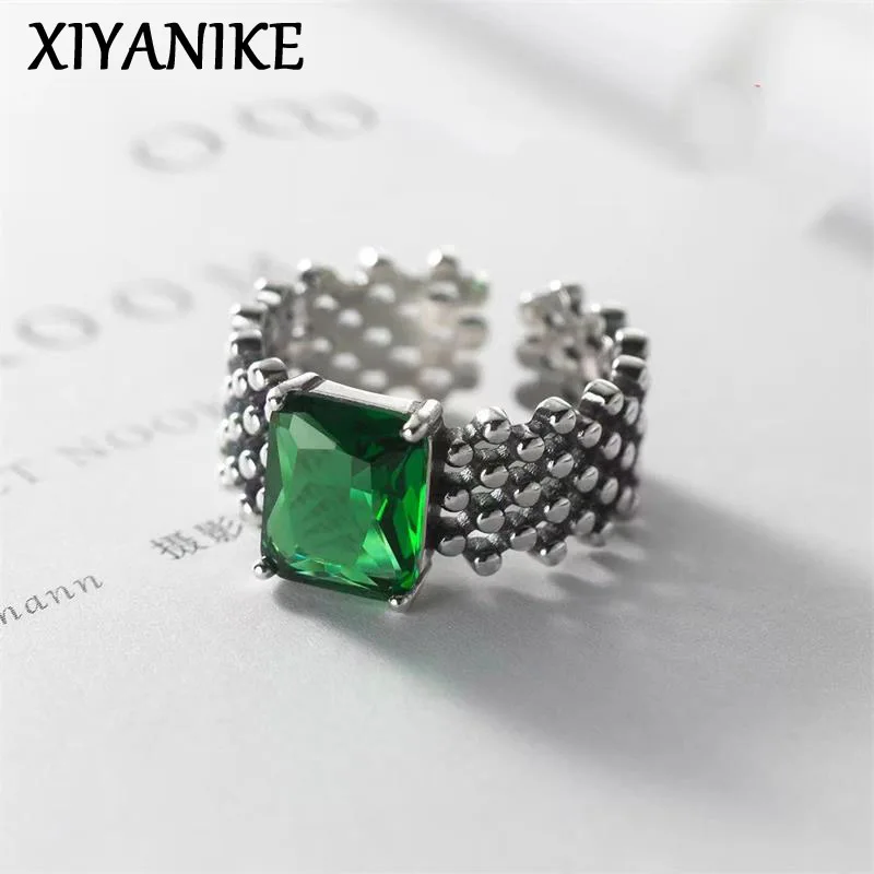 

XIYANIKE Thai Silver Green Zircon Wide Cuff Finger Rings For Women Girl Retro Fashion New Jewelry Lady Gift Party anillos mujer