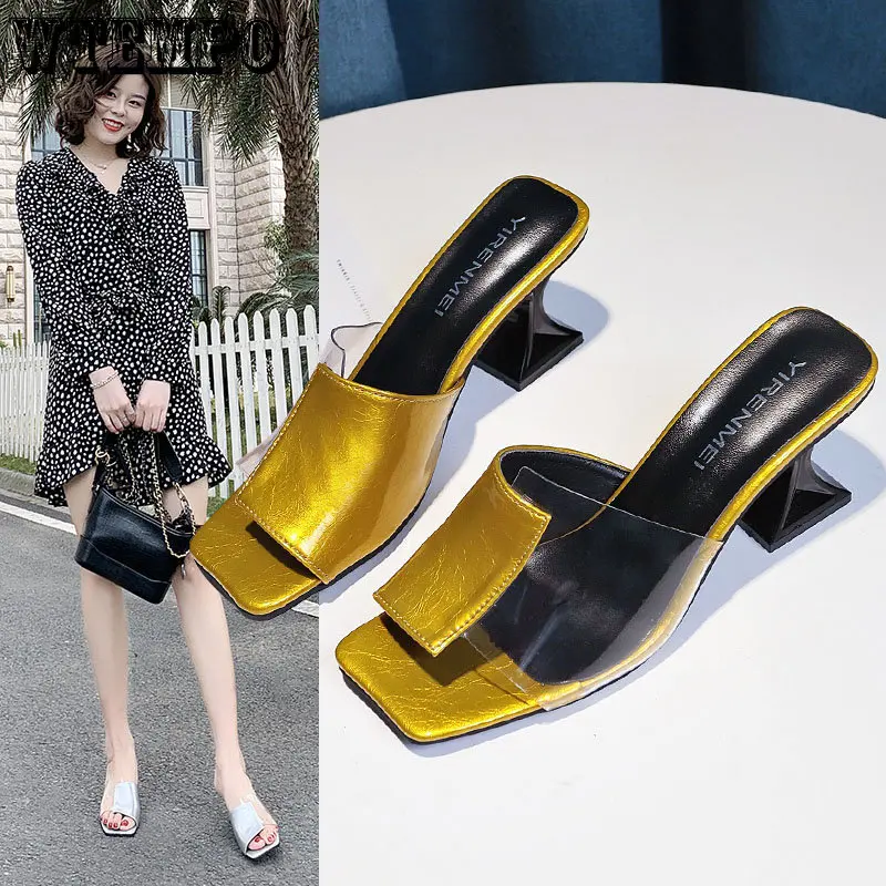 WTEMPO Women Strange Heels Shoes Patchwork Femmes Clear Sandales Square Open Toe Platform High Heels Slippers Dropshipping