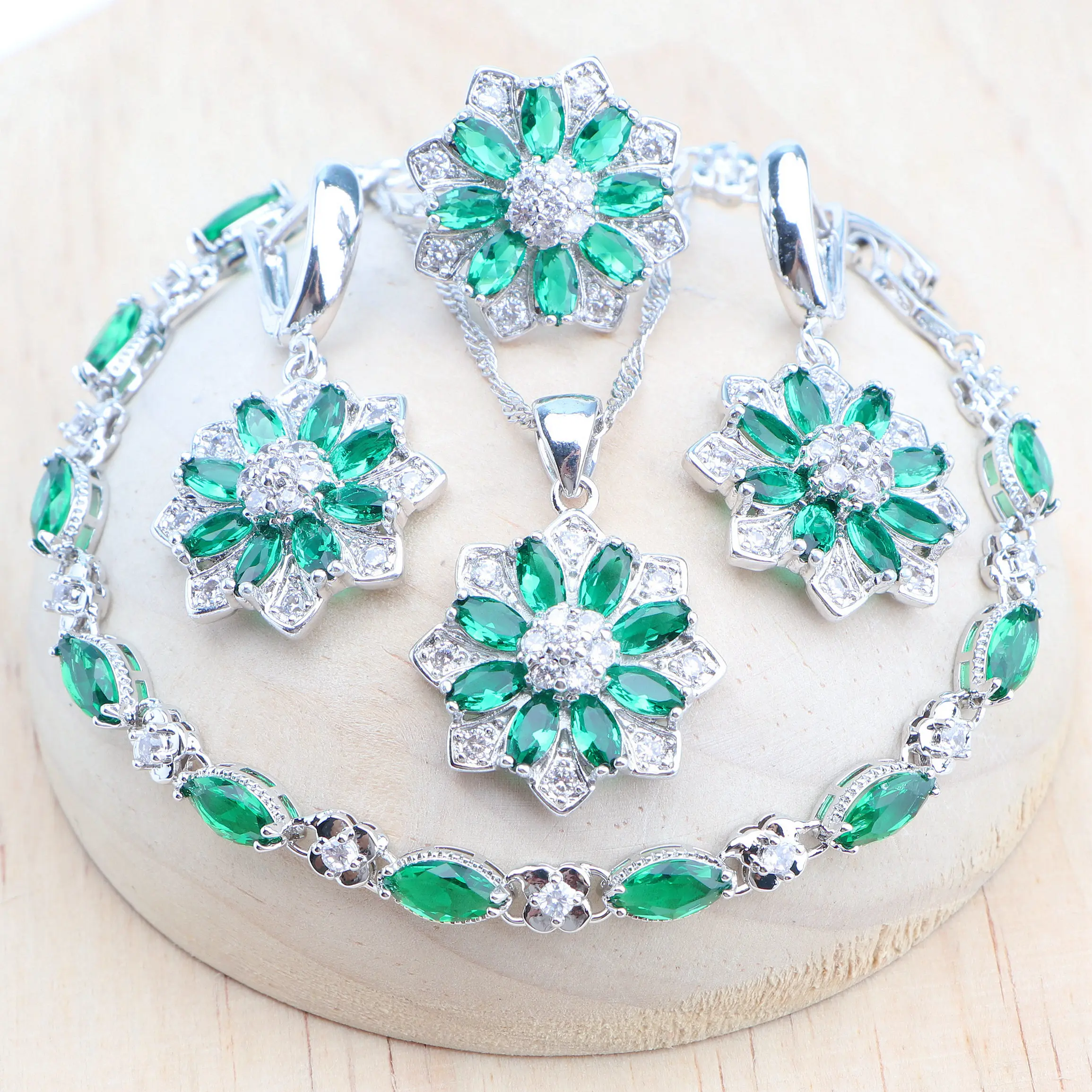 

Green Zircon Jewelry Sets Ladies 925 Sterling Silver Wedding Jewelry For Women Earrings Rings Pendant Necklace Bracelets Set