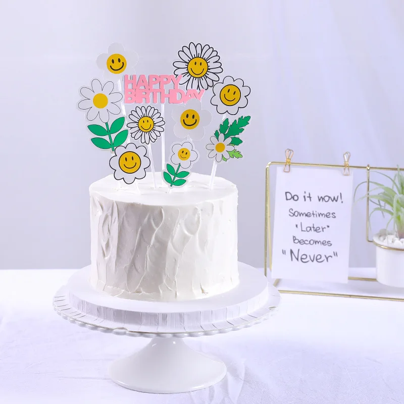 

Hand-painted Daisy Smiling Face Happy Birthday Cake Plugin Kids Birthday Baking Dessert Cake DIY Decoration Accessories