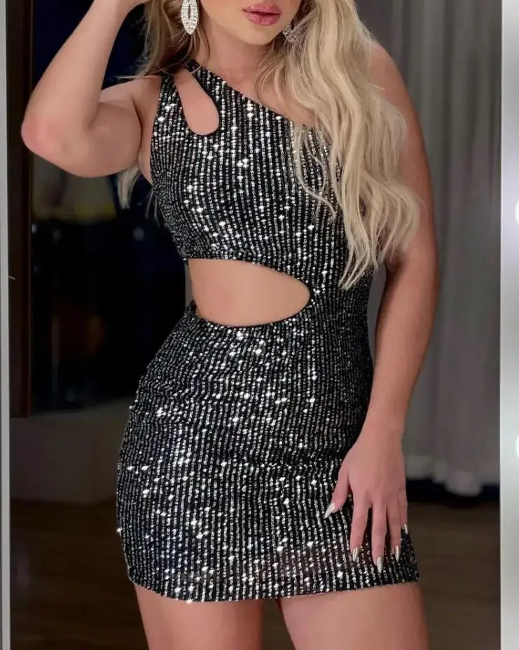 

Женское мини-платье на одно плечо с вырезами и блестками, Короткие облегающие платья без рукавов с лямкой на шее, женское сексуальное вечерн...