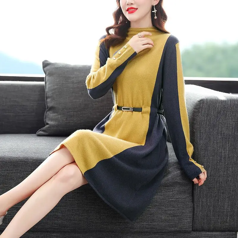 

Korean Loose Knitting Women Dress 2023 Autumn New Fashion Half High Collar Pullover Patchwork Female Sweater Dresses T79
