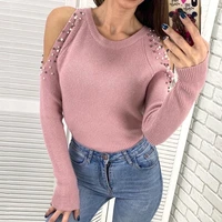 2021 autumn winter solid color beaded o neck long sleeved knit pullover off shoulder knitted sweater female bottom pullovers top
