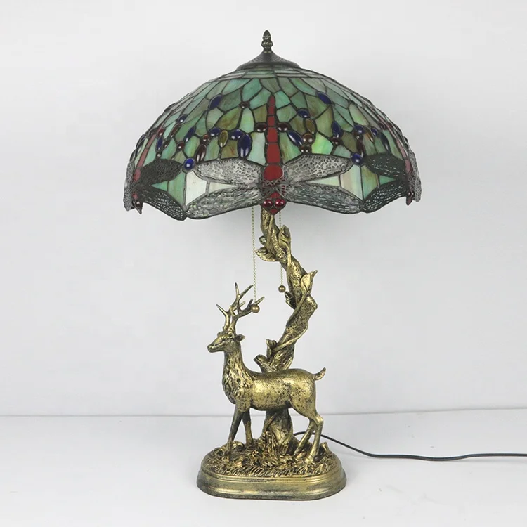 

LongHuiJing Tiffany Style Table Lamp Dragonfly Stained Glass Lampshade Accent Lights With Resin Deer Base
