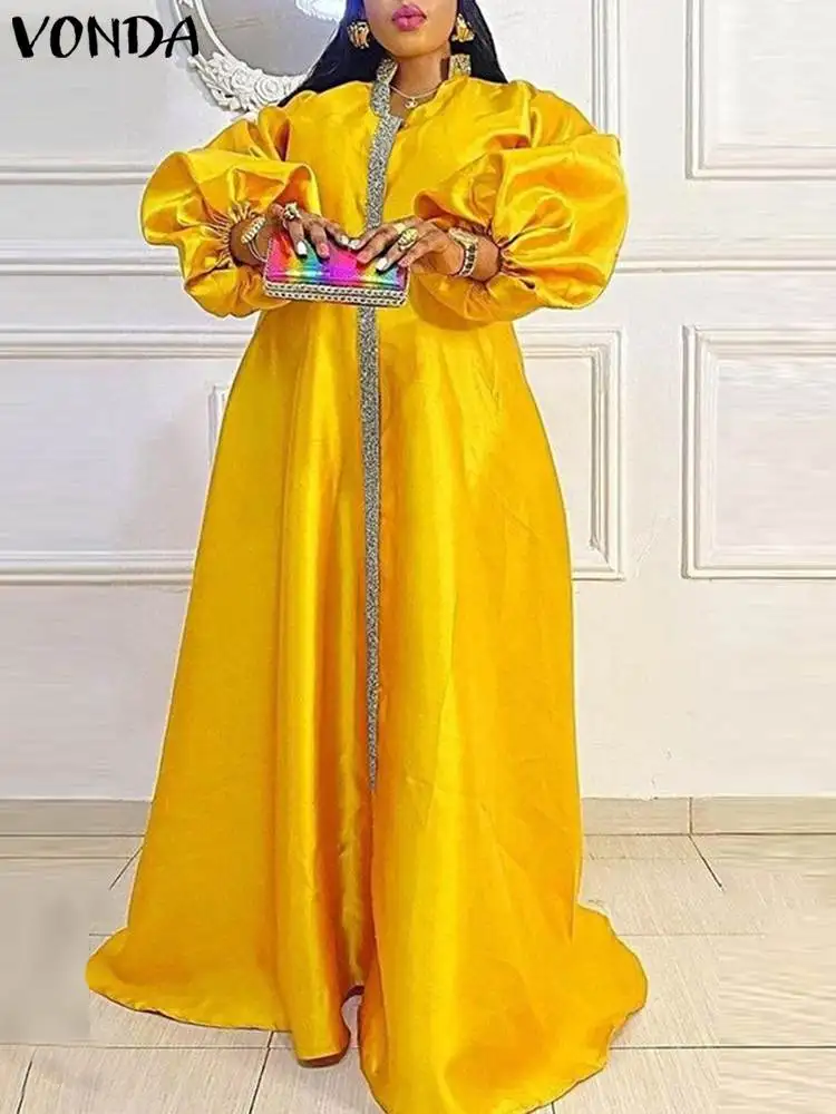 

Женское лоскутное атласное платье Макси 2023 VONDA осеннее платье с длинным рукавом-фонариком, повседневное свободное сексуальное платье большого размера с V-образным вырезом
