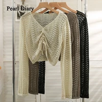 pearl diary korea fashion drawstring fold irregular top women hollow out perspective sand beach style top low neck long sleeve