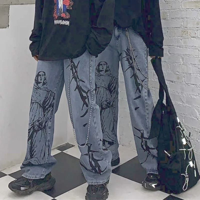 

women jeans 2021 Trend Design Streetwear Hip-hop Printing High Waist Wide Leg super stretchy Pants Pocket Denim Girls Fashion