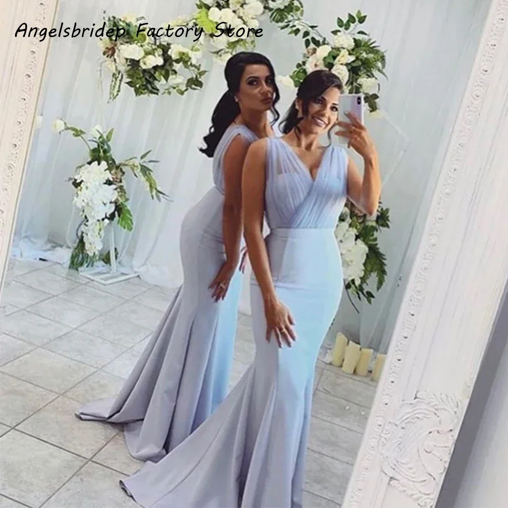 

2022 Elegant Blue Mermaid Long New Prom Dresses V-neck Sleeveless Formal Party Evening Gowns Robes De Soirée