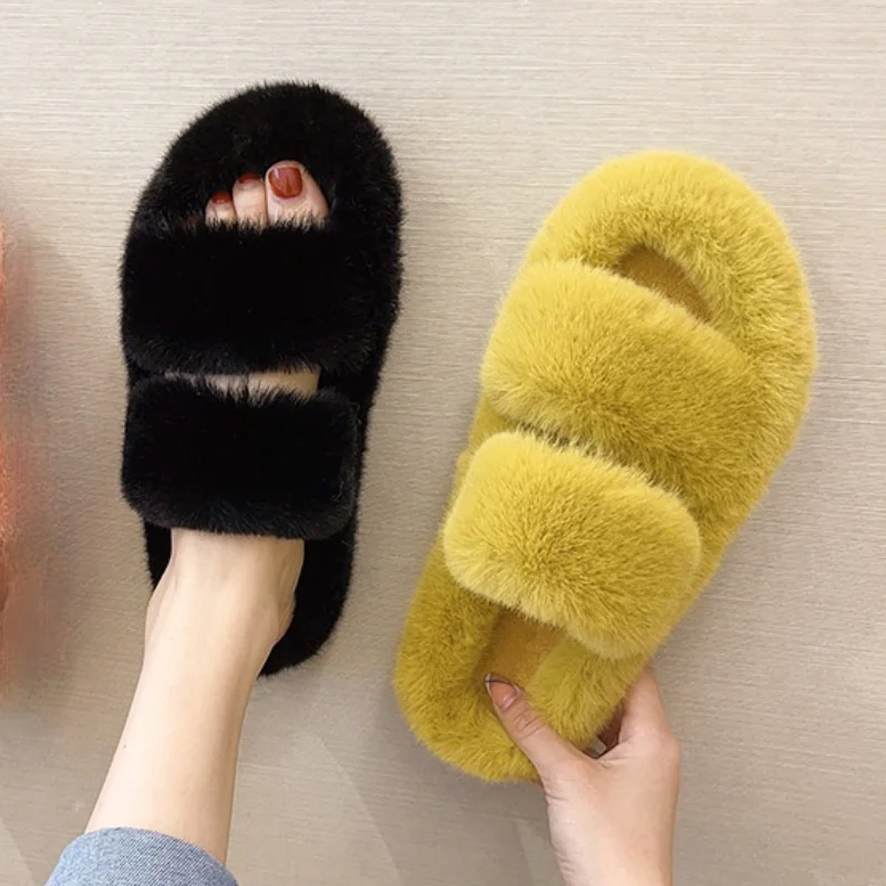 2022 Winter Keep Warm Women Fur Furry Slippers for Home Fluffy Soft Indoor Slides Thick Flats Heel Non Slip Indoor House Shoes