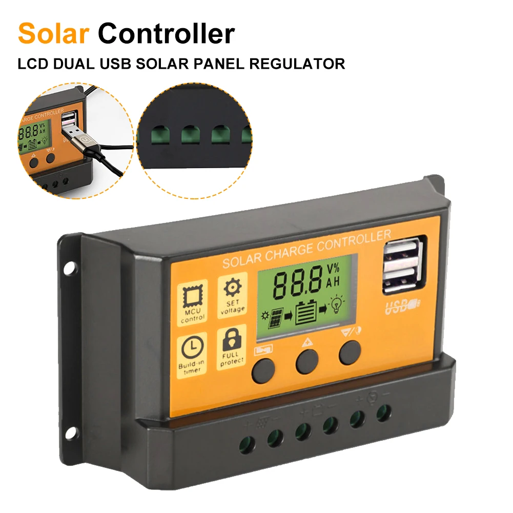 

Auto Solar Charge Controller 100A/50A/40A/30A/20A/10A 12V/24V MPPT/PWM Controllers LCD Dual USB Output Solar Panel PV Regulator