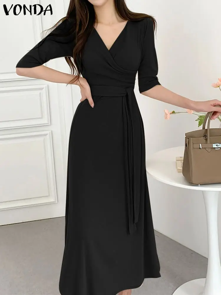 

Elegant V Neck Party Dress VONDA Women Summer Dress 2023 Sexy 3/4 Sleeve Office Lady Sundress Casual Loose Vestido Oversize Robe