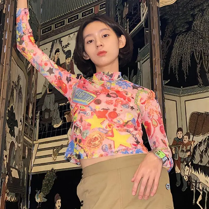 

Summer 2023 New Lightweight Long Sleeve Graphic Print T Shirts for Women Stand Collar Tie Dye Slim Streetwear Chic Top Mujer