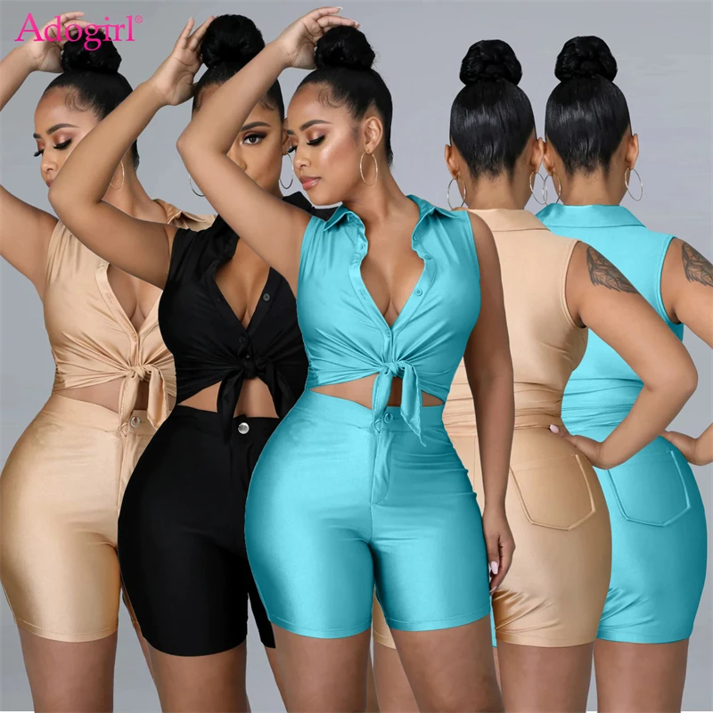 

Adogirl Elegant Women Two Piece Set Turn Down Collar Sleeveless Single Breasted Shirt Top + Button Fly Shorts Summer Work Suits