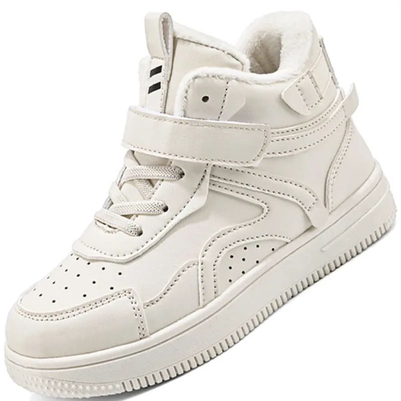 

2022 Winter New Baby Boy Girl Plush Casual Shoes Leather Children Sneakers Flat High White Black Kids Boots Chaussure Enfant