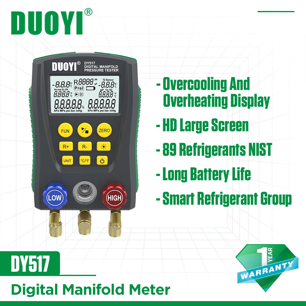

Цифровой измеритель давления DUOYI DY517, компрессионный прибор для холодильника, цифровой тонометр, вакуумный измеритель температуры