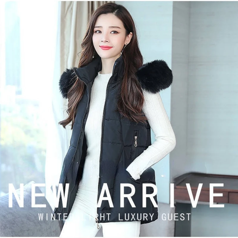 Autumn Winter Cotton Vest Women's Loose Large Fur Collar Down Cotton Vest Korean Style Jacket Solid Color Large Pocket Casual