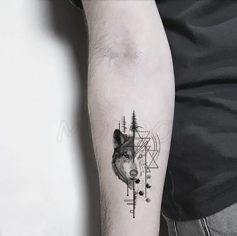 Голова волка дерево треугольный геометрический элемент временная тату-наклейка