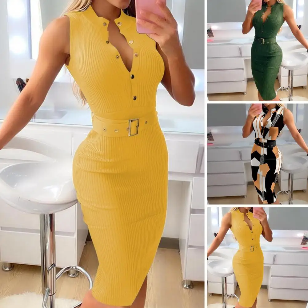 

Stylish Bodycon Dress Good Elasticity All-matched Knit Dress Women Sleeveless Knit Party Dress