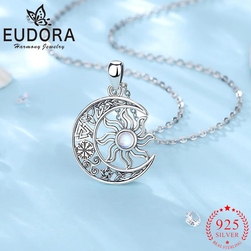 

Eudora Real 925 Sterling Silver Moon Sun Necklace Viking Style Men Women Jewelry Celtic knot Moonstone Pendant Gift To Friends