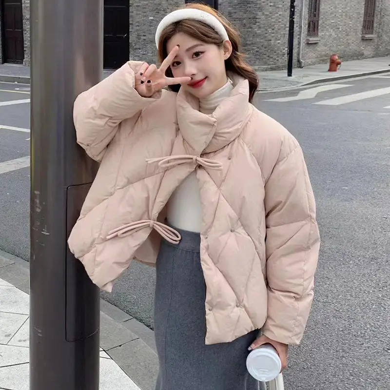 Women White Duck Down Loose Jackets 2023 New Winter Korean Style Solid Loose Casual Fashion Long Sleeve Coats Outwear C75