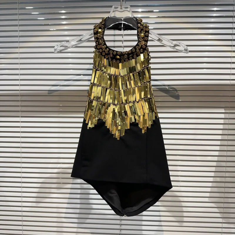 

BORVEMAYS 2023 Autumn New Drop Neck Diamonds Patchwork Metal Sequins Sleeveless Temperament Sexy Tank Tops Women WZ5100