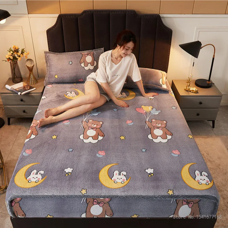 

Coral Velvet Bed Sheet One-piece Bed Cover Winter Sheet Thicken Warm Flannel Snow Velvet Mattress Cover Non-slip Fixed bed sheet