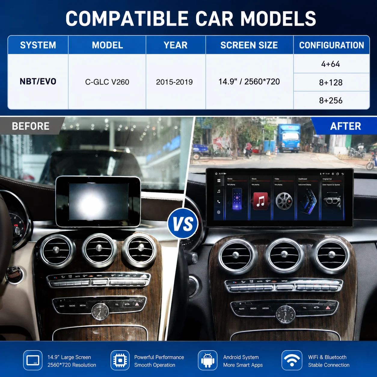 Фото 14,9-дюймовая Android-навигация для Mercedes Benz C GLC V260 2015-2019 NTG5.0 с поддержкой Wi-Fi, 4G, CarPlay, Android Auto и камеры заднего вида №2