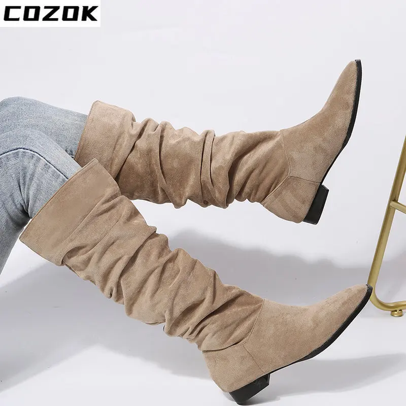 Women's Warm Boots Women's Knee Short Boots Women's Shoes Thick Sole Faux Suede Soft Zipper Women's Winter 2022 Thigh High Boots