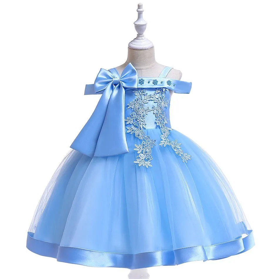 

New Solid Off Shoulder Strap Dress Girl's Bow Tie Beaded Flower Wedding Dress Child Dress Princess Dress Girls Party Dresses