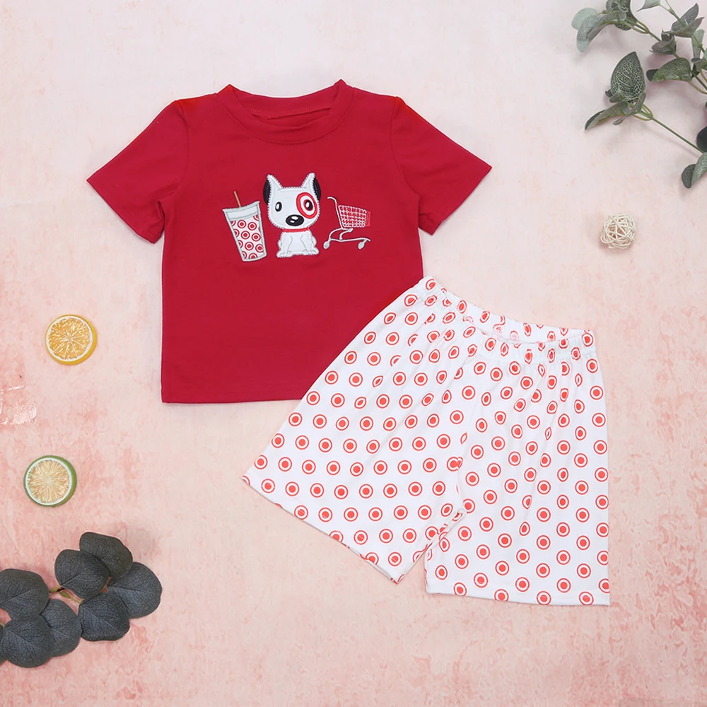 

Baby Boy Clothes Boy Set Boys Spring And Summer Cothes Two Piece Set Milk Tea Dog Embroidery Red T-Shirt White Shorts BoyClothes