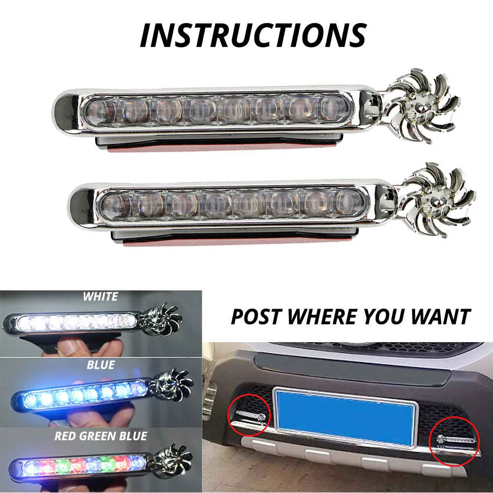 2X Wind Powered Car DayTime Running Lights 8LED Rotation Fan Daylight No Need External Power Supply Auto Decorative Lamp DRL Led images - 6