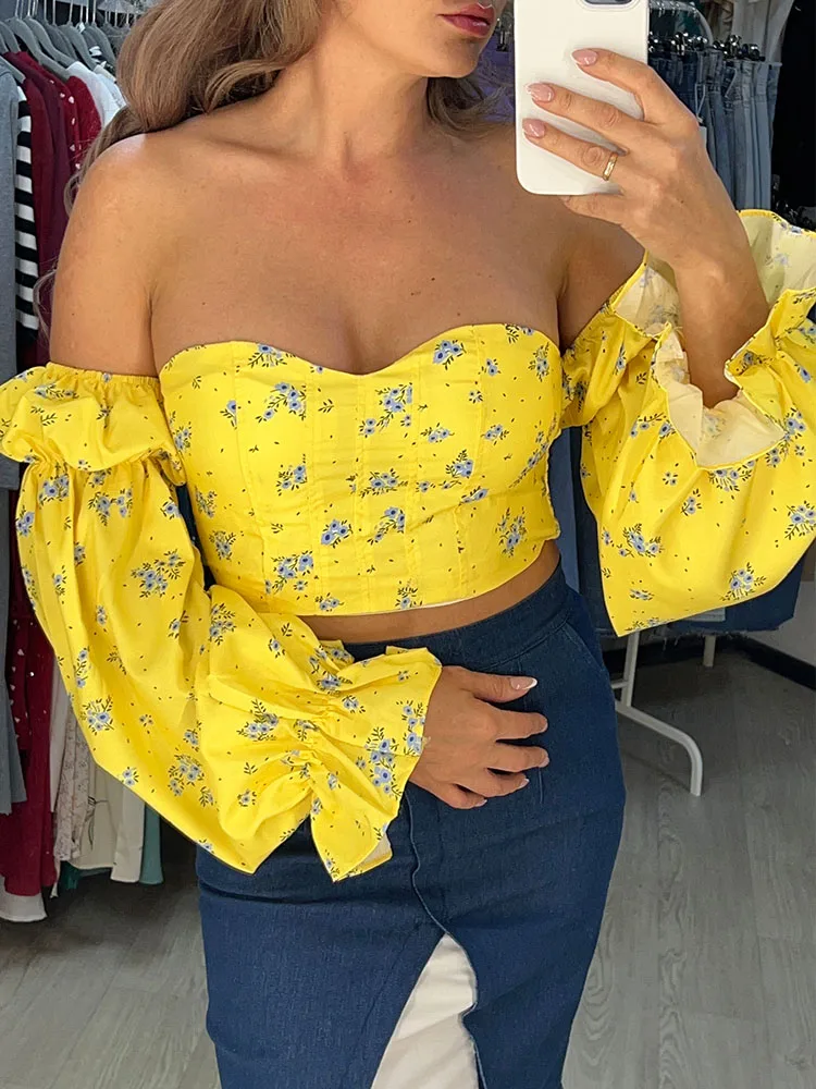 

SVOKOR Puff Sleeve Shirt Floral One Shoulder Top Sexy Backless Women Crop Tops Long Sleeve Chiffon Tee Fashion Streetwear