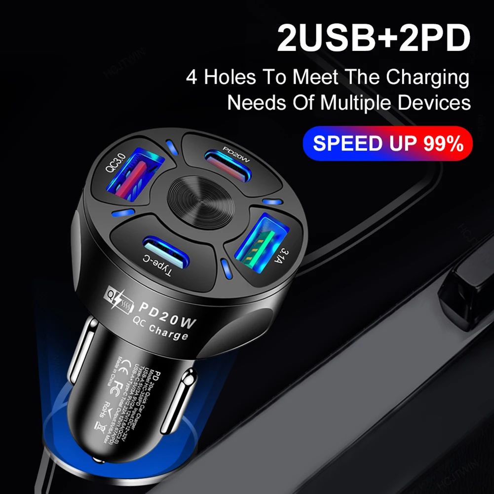 

Car Charger 4 USB Ports Fast Charging 20W PD 3.1A Fast Charger Car Lighter Charging Adapter For IPhone Samsung Huawei Xiaomi