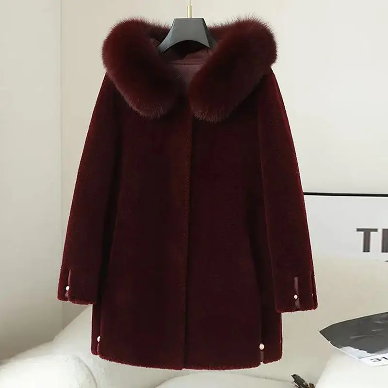 Women's Sheep Shearling Coats for Women 2023 Winter Clothing Hooded Solid Real Fur Coat Female Wool Jackets Casaco Feminino E618