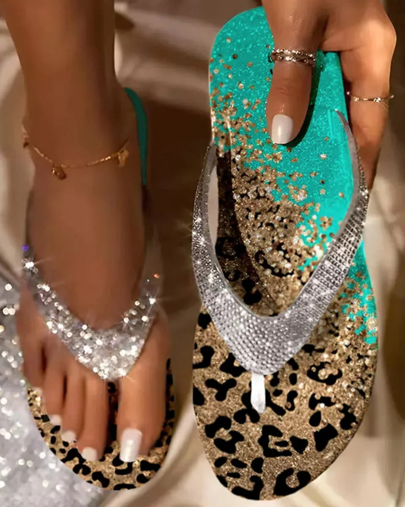 Summer Women Casual Beach Daily Wear Fashion Flat Round Toe Toe Post Leopard Print Beach Flip Flops Sandals